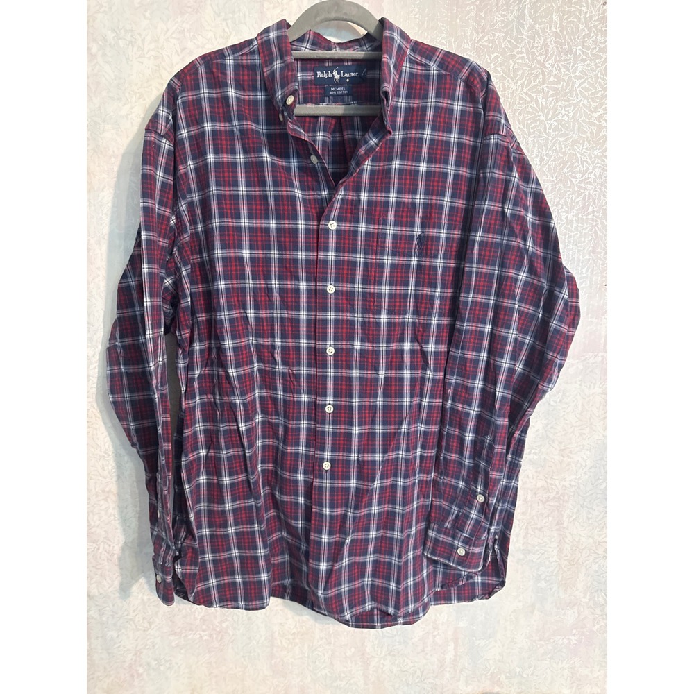 Ralph Lauren McMeel Plaid Button Down Shirt Mens XL Red Navy Blue Cotton